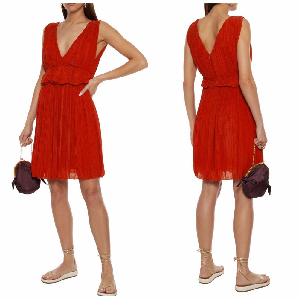 Chloé Orange Midi Dress Pleated Peplum 2 Cocktail Party Wedding Guest NWT 🟡 - Picture 4 of 15
